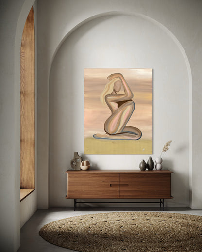 Abstract painting of a nude figure on a wall above a wooden cabinet with decorative items.